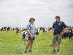 Rakaia farmer Hayden Dorman with his World Wide Sires rep Pete Phillips.