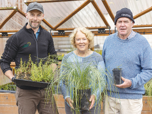Waimakariri Irrigation Limited (WIL) biodiversity project lead Dan Cameron with Swannanoa farmers Rosemary and Brian Whyte and some of the 2300 native plants grown from seed at the Whytes’ property.