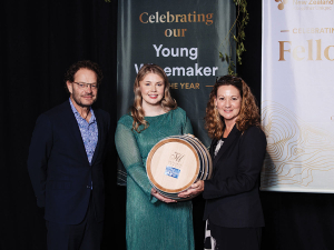 Ruby McManaway at the NZW Celebration dinner, with Marcel Giesen and Sherwyn Veldhuizen, of Tonnellerie de Mercurey.