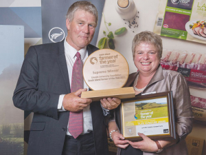 Fairlie farming couple Neil and Lyn Campbell with the Lincoln University Foundation Farmer of Year and Plate to Pasture awards announced in November last year.