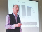 Ron Pellow, executive director of Lincoln University’s South Island Dairying Development Centre (SIDDC), presenting LUDF’s production figures to farmers at a focus day at Ashburton.