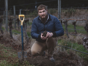 Matt Murray on the regenerative agriculture trial vineyard. Photo Jim Tannock.