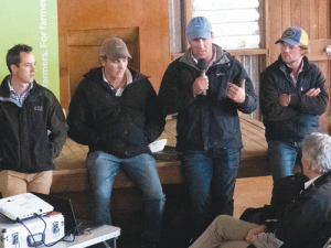 Carl Forrester (left), Digby Heard, Simon Lee (speaking), and Tim Waghorn will run the Lanercost Future Farm in North Canterbury in a 50:50 partnership with Beef + Lamb NZ. The front row of their audience at the launch of the venture includes Agriculture Minister Damien O’Connor and BLNZ chairman Andrew Morrison. Photo: Rural News Group