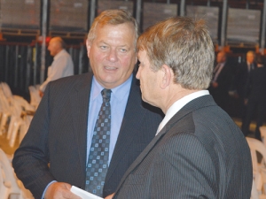 Colin Armer with Fonterra director Malcolm Bailey at the Fonterra AGM.