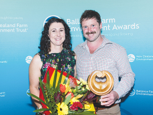 Angus Barr and Tara Dwyer with the Otago Ballance Farm Environment Award.