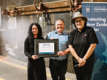 WoolWorks shipping manager Julie Murphy, WoolWorks chief operating officer Tony Cunningham and Minister for Customs Meka Whaitiri.