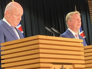 Trade and Agriculture Minister Todd McClay (right) and Prime Minister Christopher Luxon announcing the FTA.