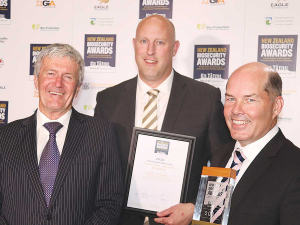 Agriculture Minister Damien O&#039;Connor with winners of the 2020 Biosecurity Supreme Award Miraka Dairy&#039;s Grant Jackson (centre) and Richard Wyeth.
