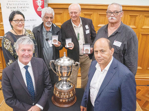 Rear left to right: Hon Meka Whatiri (Associate Minister of Agriculture), Jack Mihaere, Chairman, Tunapahore B2A Incorporation, Paki Nikora, Chair, Tataiwhetu Trust, Walter Ngamane, Kaumatua Pouara Farms. Front L-R: Hon Damien O&#039;Connor, Minister of Agriculture &amp; Trustee, and Hon Willie Jackson, Minister for Māori Development &amp; Trustee.