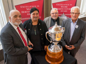 Finalists &amp; Minister Mahuta – L-R: Ratahi Cross (Chairman, Ngai Tukairangi Trust), Minister Mahuta (Minister for Māori Development), Norman Carter (Chairman, Hineora Orchard, Te Kaha 15B Ahu Whenua Trust) &amp; Homman Tapsell (Advisory Trustee, Otama Marere (Paengaroa North A5) Block