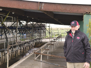 Kaukapakapa farmer Graham Turner in his old 24-aside-herringbone shed.