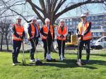 AgResearch chief executive Tom Richardson (left), Lincoln University chancellor Steve Smith, vice-chancellor Robin Pollard, Selwyn MP Amy Adams and Tertiary Education Minister Paul Goldsmith pose for the groundbreaking ceremony for the $206 million Lincoln University-AgResearch Joint Facility. 