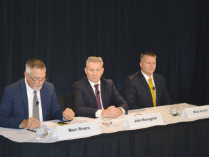 Tough times. Fonterra’s CFO Marc Rivers, chair John Monaghan and CEO  Miles Hurrell fronting at this year’s annual result briefing.