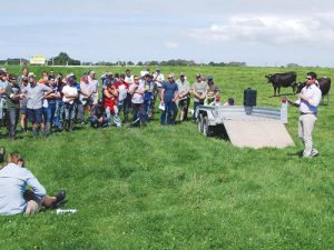 IrrigationNZ project manager Steve Breneger (right) addresses the Lincoln Uni Demonstration Dairy Farm open day.