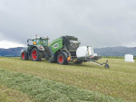 Kinsman Contracting’s Fendt Rotana 4160V combination baler/wrapper in action.