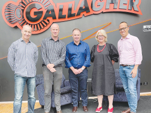 Water deal: from left Scott Goodwin (CFO Gasbot), Chris van der Loo (Gallagher GM global product &amp; technology), Darrell Jones (Gallagher animal management GM NZ &amp; Chile), Sarah Adams (Gallagher global strategy &amp; new ventures manager), Phil Livingston (managing director Gasbot).