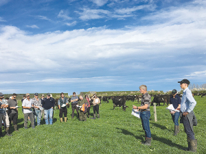 Farmer Phill Everest (third from right) addresses the field day on his farm.