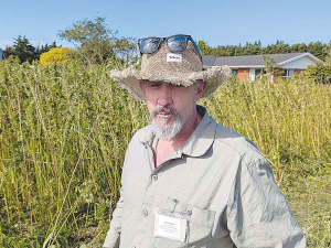 Richard Barge, chair of the NZ Hemp Industry Association, wore a hat, shirt, trousers and socks all incorporating hemp fibre during the farm visit.