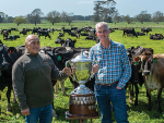 Cedric Nepia, Te Puni Kōkiri and Jim van der Poel, chair DairyNZ with the Ahuwhenua Trophy.