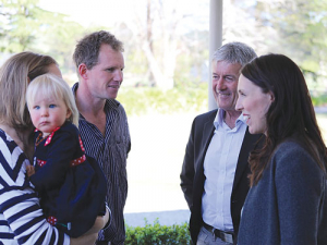 PM Jacinda Ardern and Damien O’Connor launching the Mycoplasma bovis recovery package at Julie and Bruce Stevenson’s Wairarapa farm after they were cleared of M. bovis and had restocked. – Photo Supplied