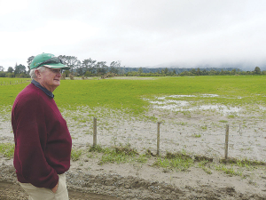 John Reedy Snr surveys the silt standing on the family dairy farm bordering the Buller River.