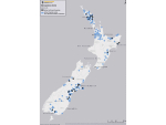 An old map of properties with either with active confirmed cases of Mycoplasma bovis (black) or under a Notice of Direction (blue). Photo: Supplied/MPI