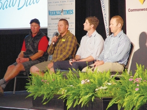 Aussie farmers, Damian Murphy, Stuart Jennings, Robert Bayley and Tim Paulet speaking at the conference in Victoria, Australia. 