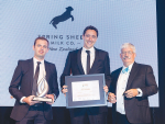 Spring Sheep milk CEO Nick Hammond (centre) and COO Thomas Macdonald accept the award from Don Good, Waikato Chamber of Commerce.