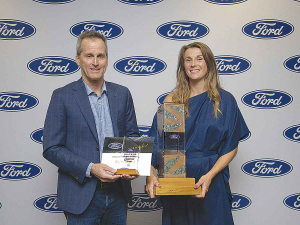 Supreme Winner of the Ford NZ Rural Sports Awards, Steph Dryfhout receives her prizes from Tom Clancy, Ford NZ.