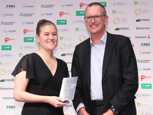 PINZ Emerging Leader Award winner Dr Louise Hennessy of AgResearch, with Professor Grant Edwards, Vice-Chancellor at award sponsor Lincoln University. Photo Credit: Neil Mackenzie