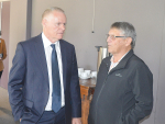 Fonterra chair Peter McBride in discussions with Dunsandel farmer Murray Marshall.