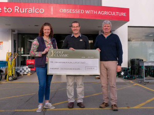 Ruralco CEO Tony Aitken presenting the $10,000 donation to Mid Canterbury Rural Support Trust representatives Frances Beeston and Duncan Barr.