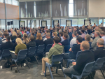 Farmers at the DairyNZ Farmers' Forum in Cambridge heard from Melissa Clarke-Reynolds and DairyNZ chair Jim van der Poel.