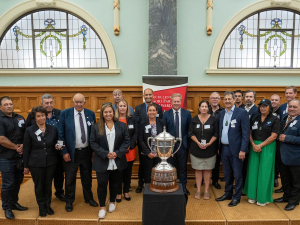 Finalists from Whakatōhea Mãori Trust Board and Wairarapa Moana ki Pouakani Incorporation with Minister Tama Potaka, Minister Todd McClay, Ahuwhenua Trophy Chair, Nukuhia Hadfield and Pou Tikanga Trevor Moeke. 