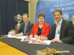 Pro vice-chancellor Professor Ray Geor, vice-chancellor Professor Jan Thomas and Ahuwhenua Trophy management committee chairman Kingi Smiler sign the sponsorship agreement.