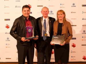 The owners of small business award winner COBi Digital Productions Ltd, Wayne and Lavinia Cook with Mayor Kevin Coe (centre).
