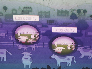The interactive display at the exhibition where users can touch &#039;less dairy&#039; to improve water quality.