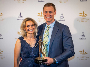 Mat Hocken with wife Lana after receiving his award in Auckland last night.