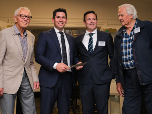Sir Mark Dunajtschik (left), Hon. Minister James Meager, CEO Gwyn Thurlow, and Chairman of the National Heritage Trust Bob Badland presenting the Minister with a commemorative Svord knife.