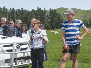 Beef+Lamb NZ Future Farm Insights Manager Kirstie Lovie discusses Lanercost Farm’s performance alongside farm manager Digby Heard, during the farm’s second annual Open Day. Photo: Rural News Group.