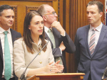 PM Jacinda Ardern, Climate Change Minister James Shaw, DairyNZ chief executive Tim Mackle and Beef + Lamb chair Andrew Morrison at the announcement of the He Waka Eke Noa partnership in 2019.