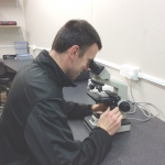 Veterinarian William Cuttance spore counting for a client.