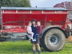 Sandy Fleming pictured with daughter, Violet and son, Lucas, with the Agrispread AS65 spreader.