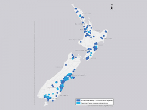 A map of the Mycoplasma bovis spread indicates that only the Bay of Plenty and Marlborough remain free of the disease.