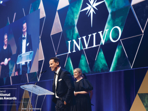 Invivo’s co-founder Tim Lightbourne and Chief Marketing &amp; Communications Officer Rachael Everitt accept the NZIBA Excellence in Brand Storytelling award