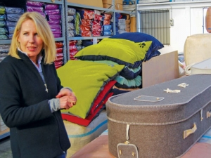 Polly McGuckin is serious about promoting NZ wool – her range of products includes woollen caskets containing around three fleeces of New Zealand wool.