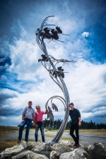 Windswept and beautiful. The New Waipara sculpture. From left: Julian Ball, Daryl Harris and Sculptor Raymond Herber. Photo: Nathan Trethowen.