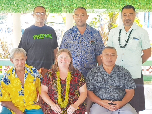 Lee Du Preez (front centre) meets Matai (chiefs) of some of the Samoan villages which are home to RSE workers employed by Southern Cross Horticulture in New Zealand. Photo Supplied.