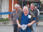 Employees of Silver Ferns Farms’ Fairton freezing works emerge from last week’s meeting where they were told the plant would be closing.