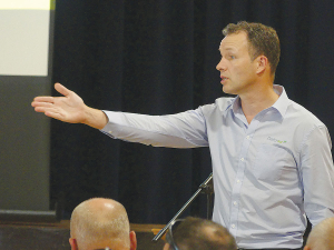 DairyNZ chief executive Tim Mackle takes questions from farmers in Darfield last week.